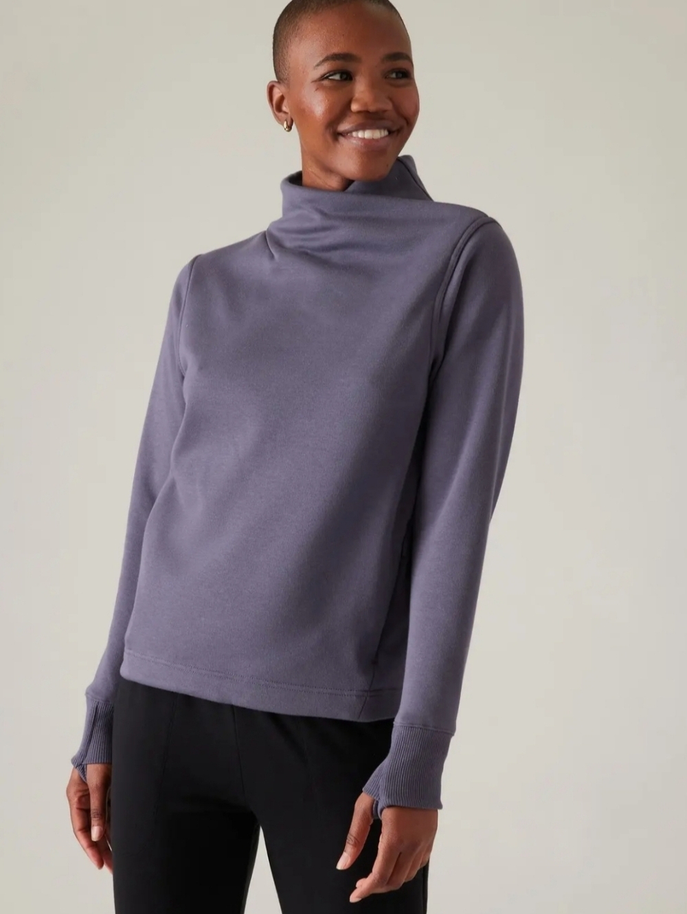 ATHLETA Cozy Karma Twist Neck Sweatshirt Pullover Faux Fur Nightfall Purple XL